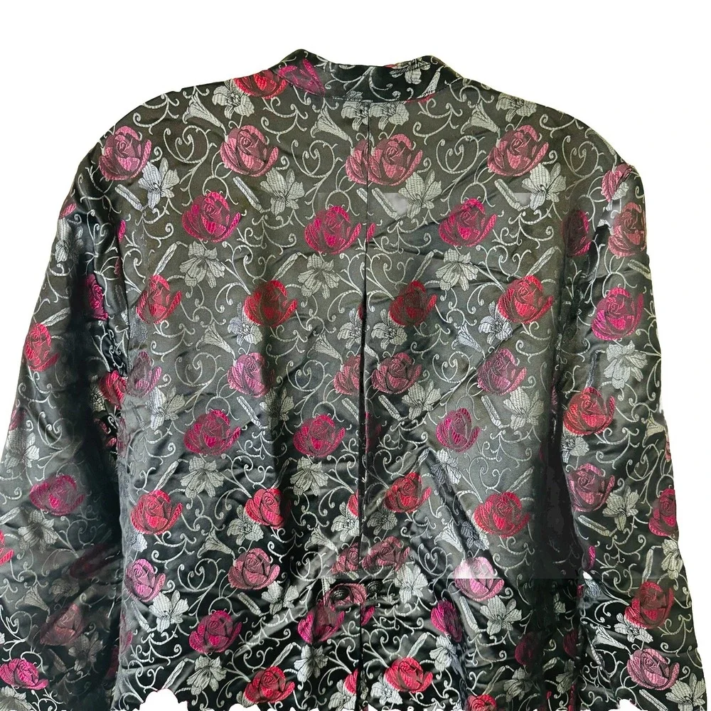 Amy‎ K Su Vintage Black Lightweight Jacket Pink Roses Women's Size L - AKS